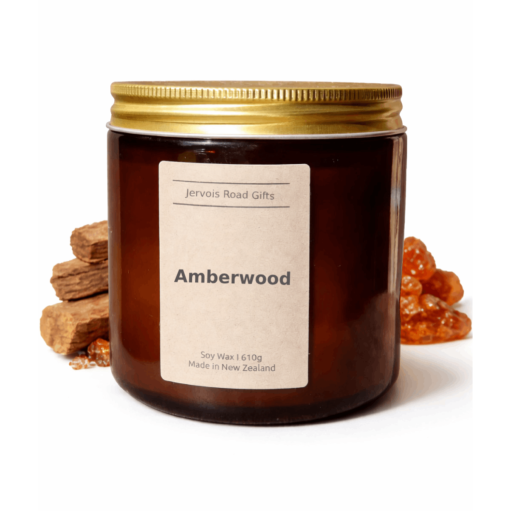 Soy candle in amber jar with kraft Large label – Amberwood small – by Jervois Road Gifts