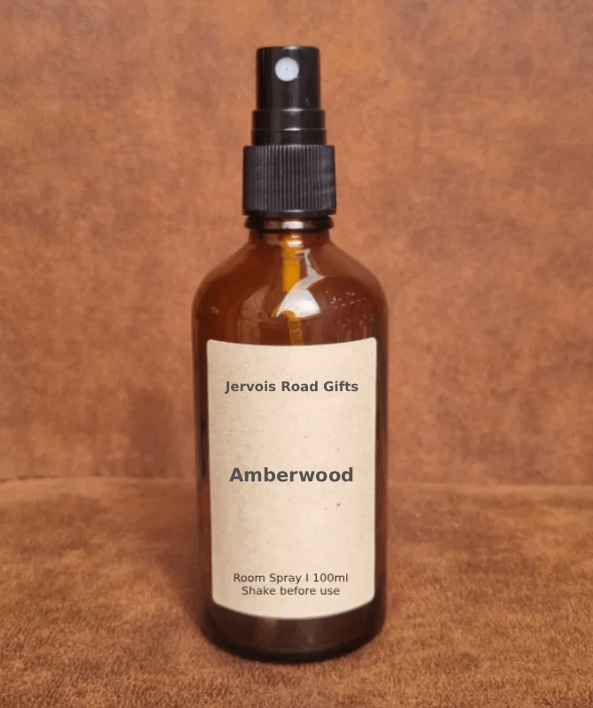 Amberwood Scent room spray in amber glass bottle by Jervois Road Gifts