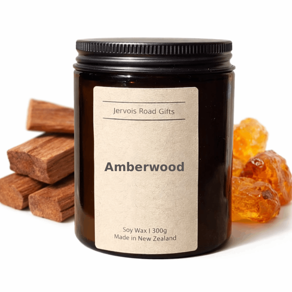 Soy candle in amber jar with kraft Medium label – Amberwood medium – by Jervois Road Gifts