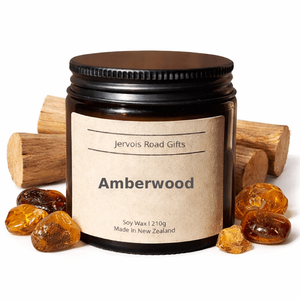 Soy candle in amber jar with kraft Medium label – Amberwood small – by Jervois Road Gifts