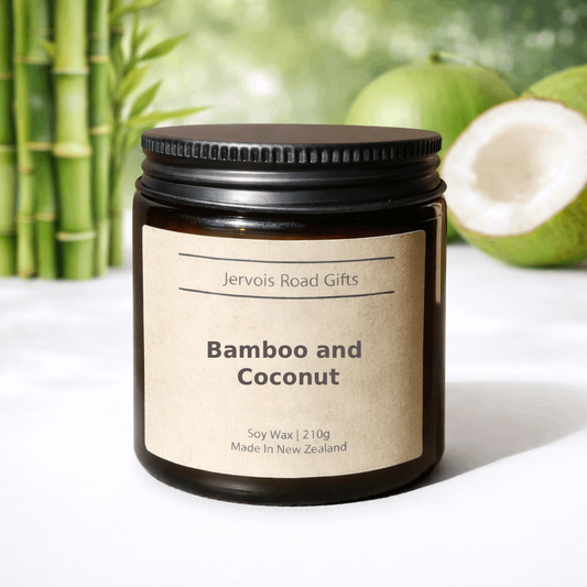 Soy candle in amber jar with kraft label – Bamboo and Coconut Small – by Jervois Road Gifts