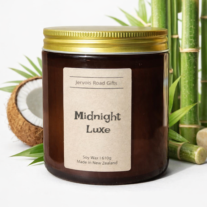 Soy candle in amber jar with kraft Large label – Bamboo and Coconut – by Jervois Road Gifts
