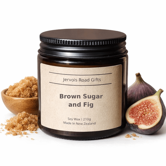 Soy candle in amber jar with kraft Medium label – Brown Sugar and Fig Small – by Jervois Road Gifts