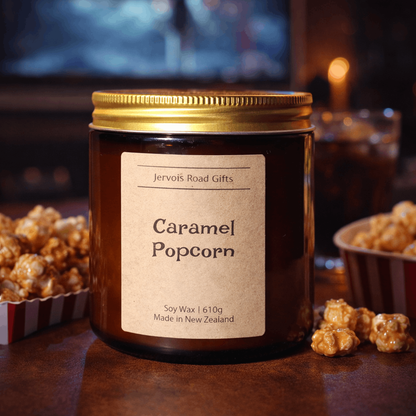 Caramel popcorn soy candle by Jervois Road Gifts, made in New Zealand