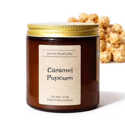 Caramel popcorn soy candle by Jervois Road Gifts, made in New Zealand