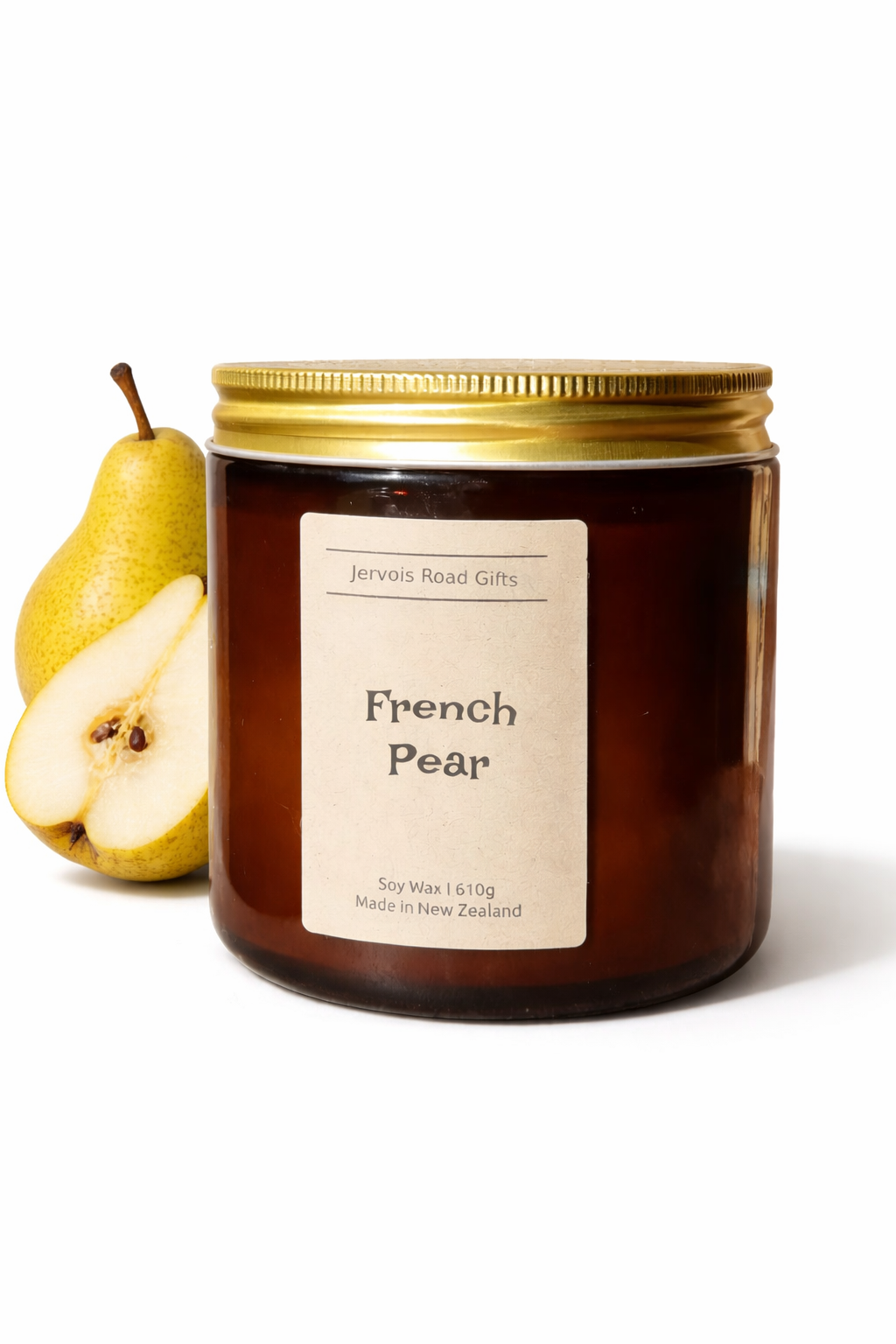 Soy candle in amber jar with kraft Medium label – French Pear Large – by Jervois Road Gifts
