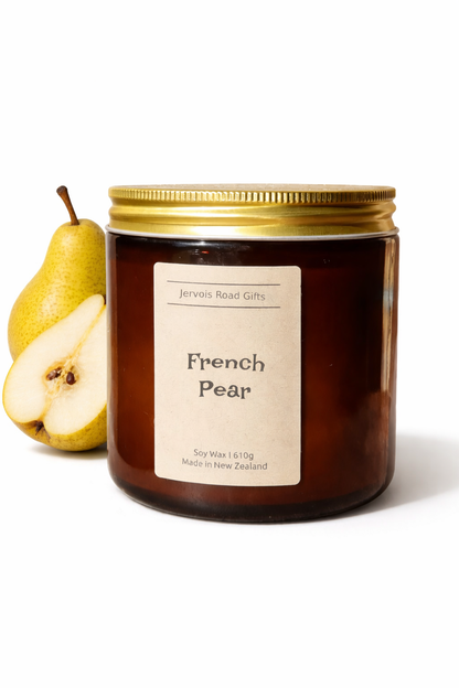Soy candle in amber jar with kraft Medium label – French Pear Large – by Jervois Road Gifts