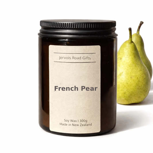 Soy candle in amber jar with kraft Medium label – French Pear Medium – by Jervois Road Gifts