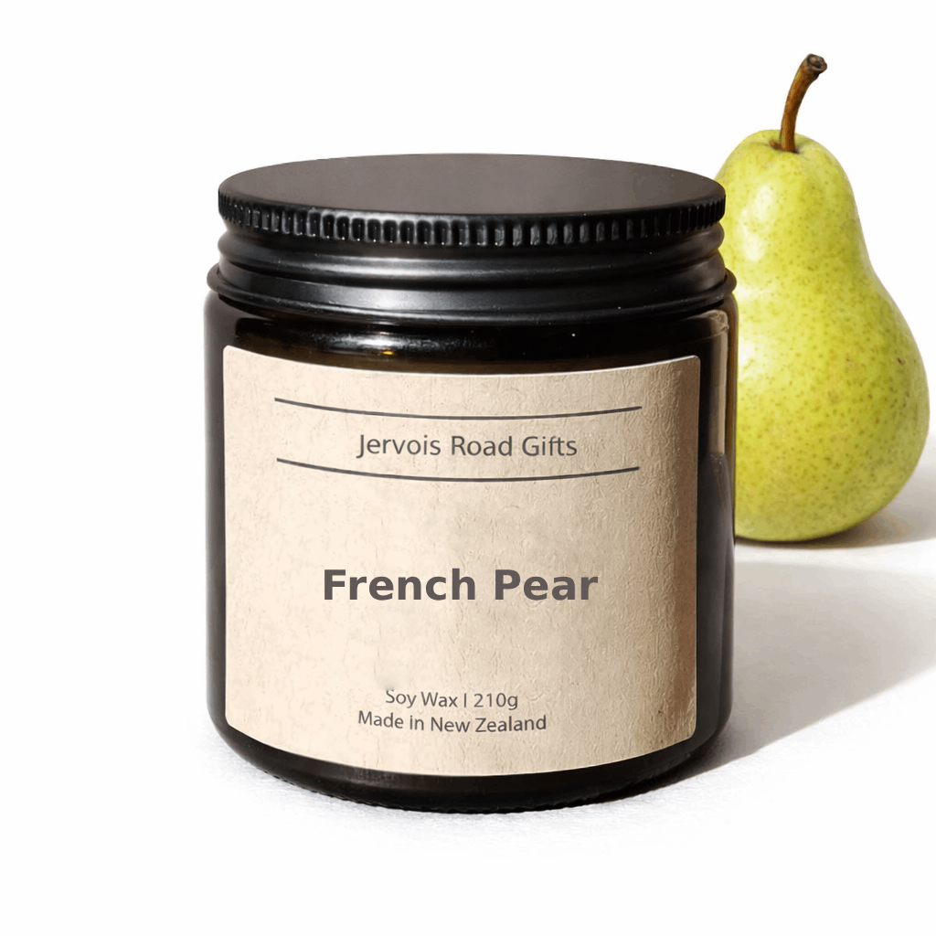 Soy candle in amber jar with kraft Medium label – French Pear Small – by Jervois Road Gifts