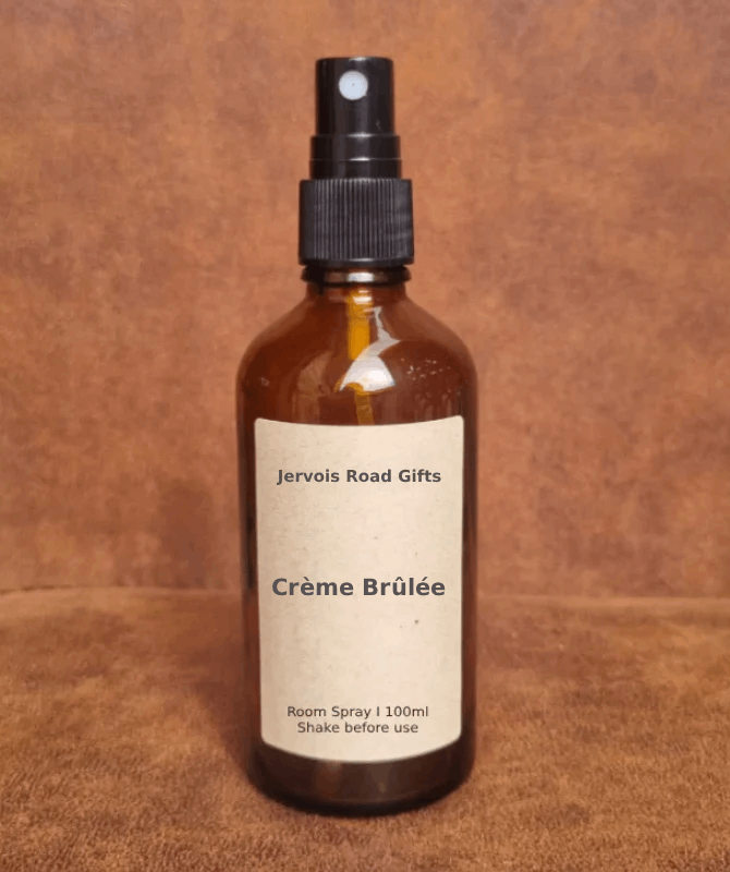 Creme Brulee scent room spray in amber glass bottle by Jervois Road Gifts