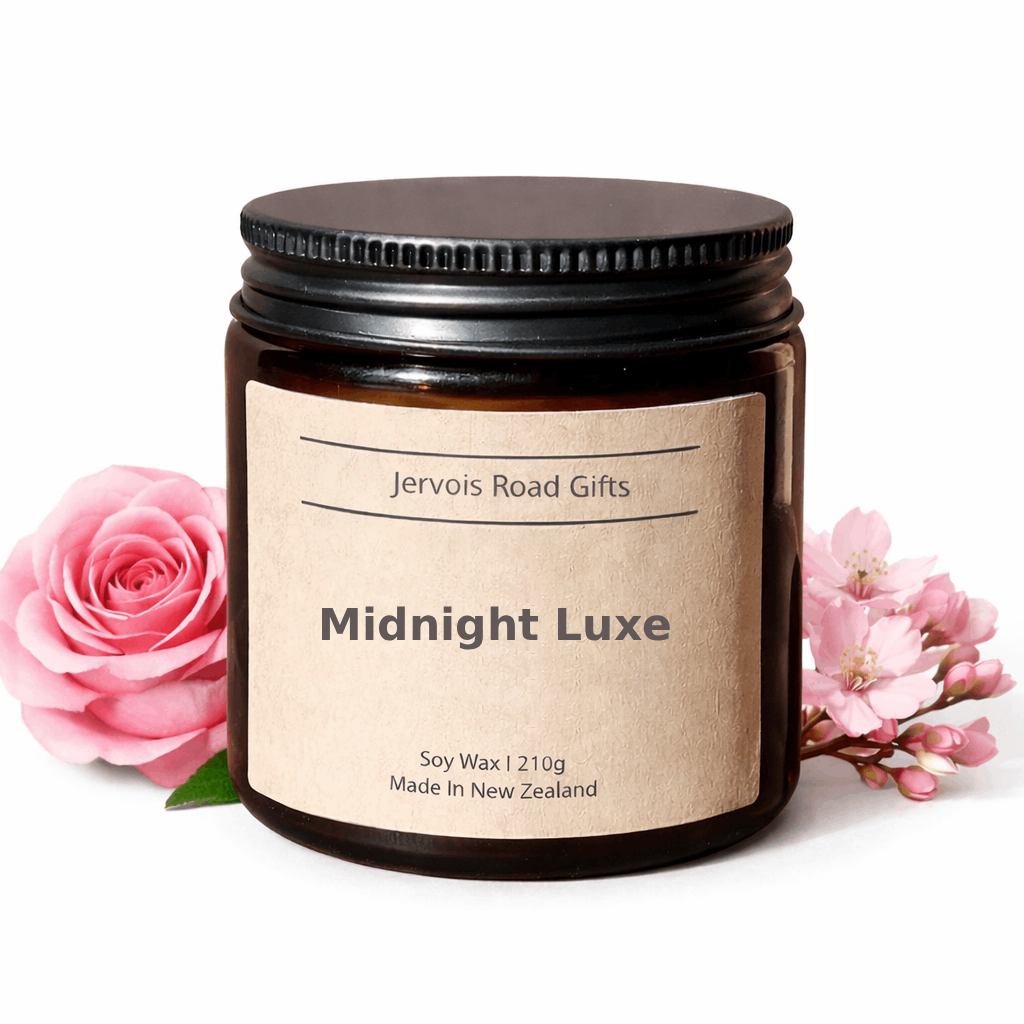Soy candle in amber jar with kraft Medium label – Midnight Luxe Small – by Jervois Road Gifts