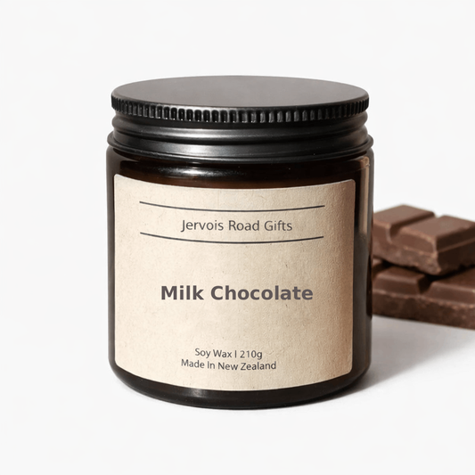 Soy candle in amber jar with kraft Medium label – Milk Chocolate Small 
– by Jervois Road Gifts