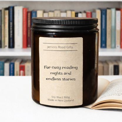 Soy candle in amber jar with kraft Medium label – The Library Medium – by Jervois Road Gifts