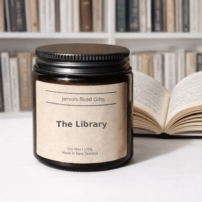 Soy candle in amber jar with kraft Medium label – The Library Small – by Jervois Road Gifts
